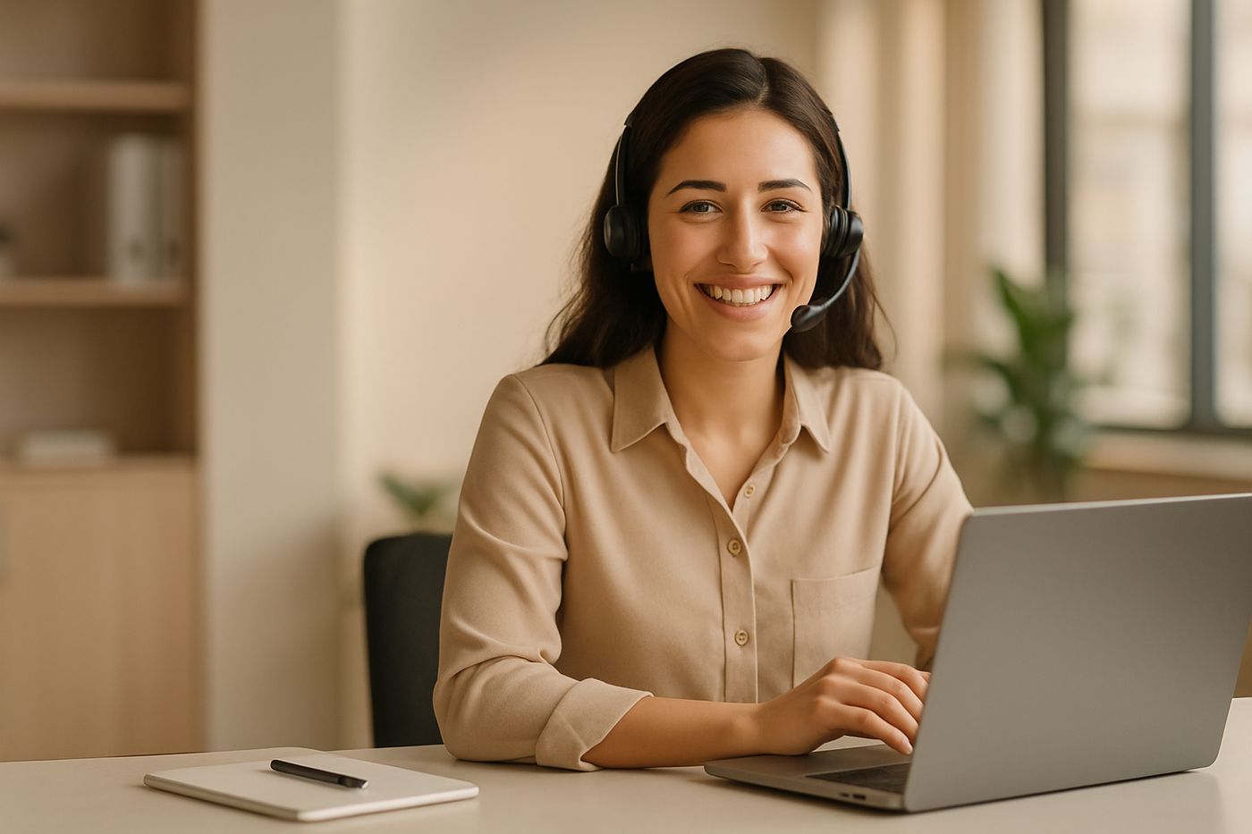 Banner image for contact section, where is girl model will have headphones and sitting on a office desk, acting like providing customer service online