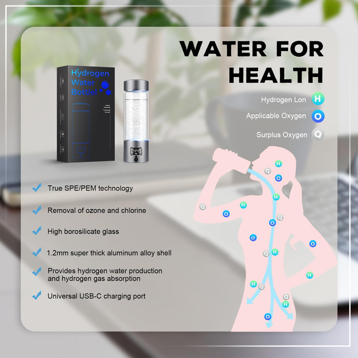 Hydrogen Water Bottle Generator with 4th Generation SPE/PEM Technology, Portable Hydrogen Water Ionizer Machine